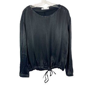 Zara Black Satin Long-Sleeve Drawstring Blouse